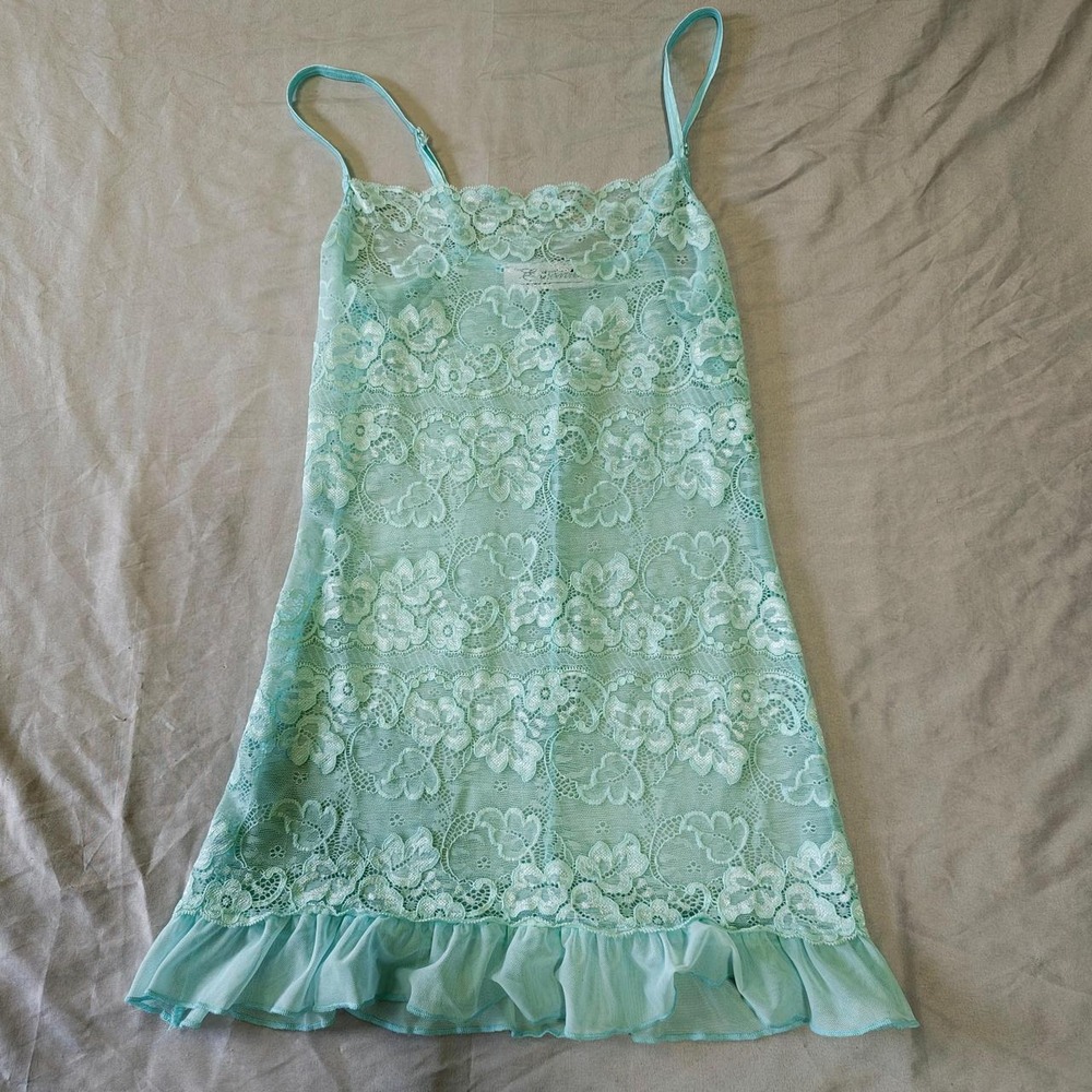 Vintage Escante Mint Green Lace Chemise Slip Dress Y2K Sheer Ruffle Hem Small